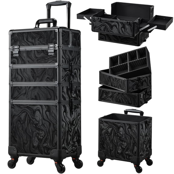 Rolling Makeup Case On Wheels 4 In 1 Travel Extra Large Box With Key Make Up Artist Traveling Storage Salon Barber Cart Trunk Black
