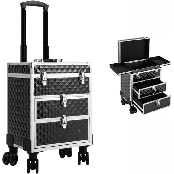 Rolling Makeup Case, Portable Lockable Makeup Organizer Suitcase, Stylist Luggage Travel Trolley Lockable w/ 4 Removable Wheels & 2 Sliding Drawers