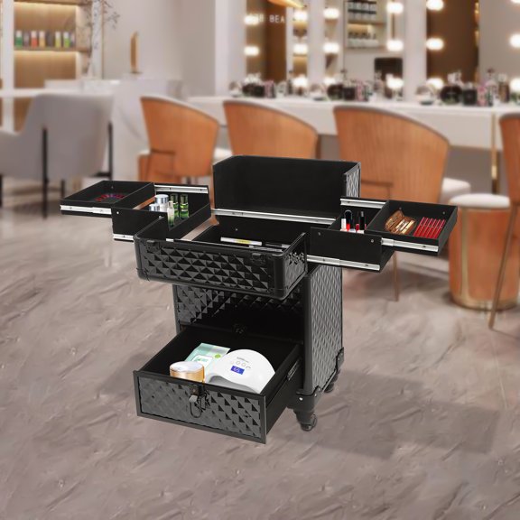 Rolling Makeup Case, Rolling Makeup Train Case w/4 Universal Wheels&Lock for Studio or Travelling (Black)