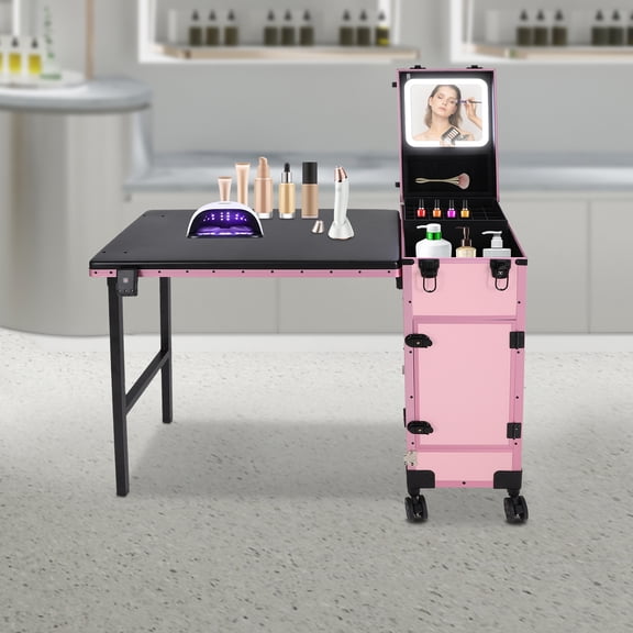 Rolling Makeup Case, Rolling Portable Manicure Table with 3 Drawers, Lockable Makeup Case with Foldable Nail Desk
