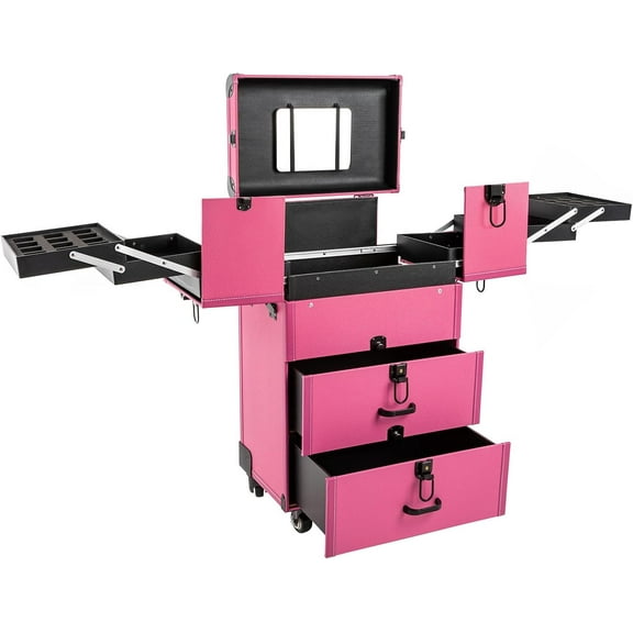 Rolling Makeup Case Salon Barber Case Professional Cosmetic Trolley Large Storage With Keys Universal Wheels Make Up Cosmetic Orgainzer Zinc Alloy Makeup Travel Organizer Cosmetic Case (Rose)