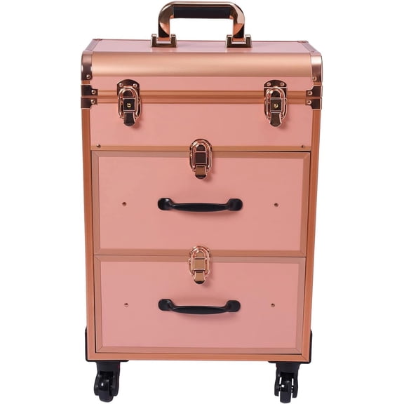 Rolling Makeup Case Train Case Cosmetic Organizer Trolley Lockable Rolling Make-ups Case Storage Cart Makeup Train Case Cosmetology Case On Wheels (Gold|3 trays|Type B)
