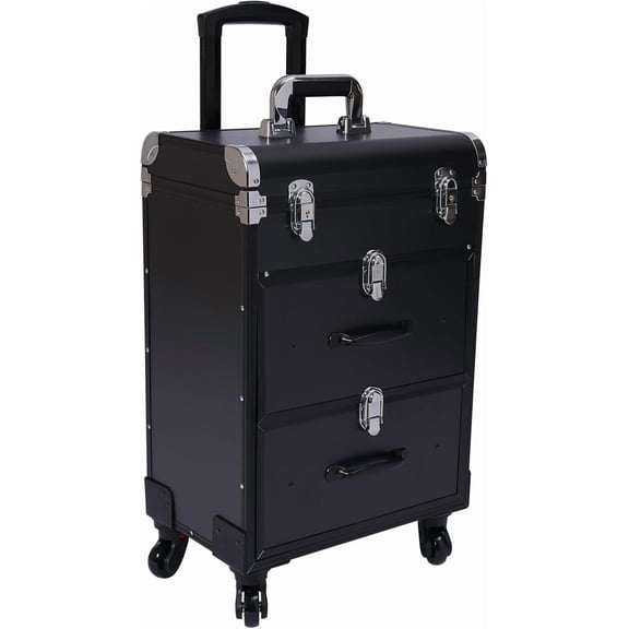 Rolling Makeup Case Train Case Portable Cosmetic Organizer Trolley Lockable Rolling Make-ups Case Storage Cart Makeup Train Case Cosmetology Case On Wheels (Black|3 trays|Type B)