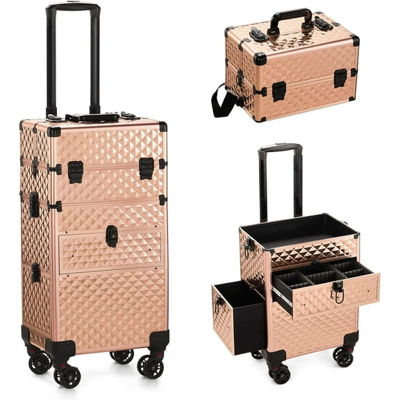 Rolling Makeup Case with Wheels & 2 Drawers, 3 in 1 Large Capacity Trolley Makeup Travel Case, Professional Cosmetology Lockable Travel Cosmetic Storage Train Cases, Champagne Gold