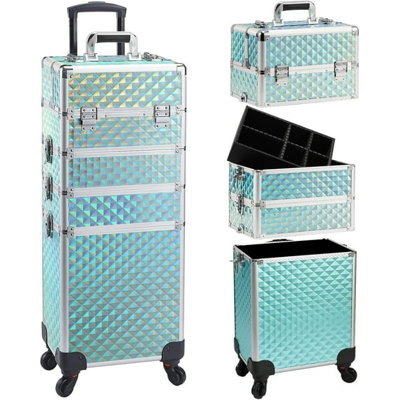 Rolling Makeup Case with Wheels 4 in 1 Cosmetic Trolley and Cosmetology Cart Trunk for Makeup Artists Hairstylists Nail Techs Salons Large Capacity Turquoise