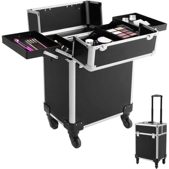 Rolling Makeup Case on Wheels, Aluminum Alloy Tattoo Travel Case with Removable Wheels & Telescoping Rod, 4 Compartments Lockable Cosmetic Case Trolley for Makeup Artist Nail Tech