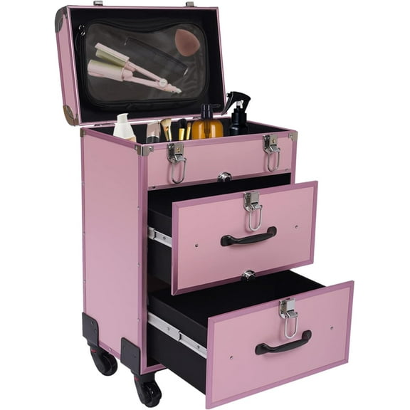 Rolling Makeup Case with Wheels Large Cosmetic Trolley with Locks, Make up Bag with Drawers, Movable Cosmetics Storage Organizer for Nail Art and Hair Styling