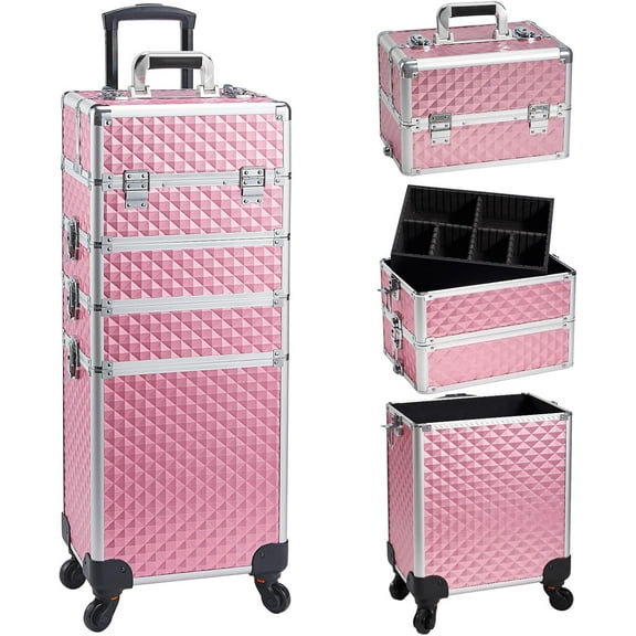 Professional 4 in 1 Rolling Makeup Train Case with Wheels Cosmetic Trolley and Cosmetology Cart Trunk for Makeup Artists Hairstylists Nail Techs and Salons Large Capacity Pink