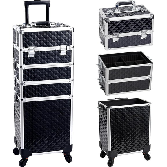 Rolling Makeup Case with Wheels Professional 4 in 1 Cosmetic Train Case and Cosmetology Cart Trunk for Makeup Artists Hairstylists Nail Techs and Salons Large Storage Capacity, Black