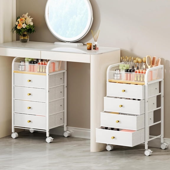 Rolling Makeup Organizer Cart 14.96 x 11.81 x 27.55 Inches 5-Tier with 4 Non-Woven Drawers and 9-Compartment Top Vanity White