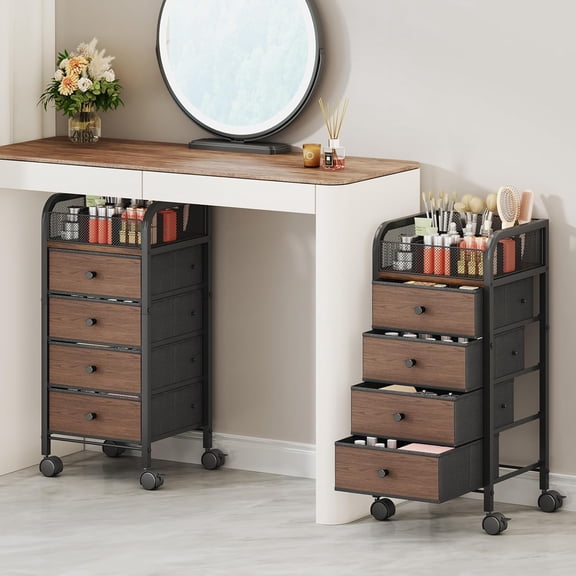 Rolling Makeup Organizer Cart - Under Desk Vanity Makeup Storage with 4 Non-woven Drawers, Nail Cart Organizer Cosmetic Display Cases Cabinet for Skin Care Perfume Nail Polish Brush Hair Tool