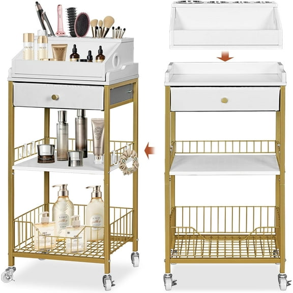 Rolling Makeup Organizer Cart with Drawer, 2-in-1 Skincare Organizer Cart with Hair Tool Holder, Vanity Storage for Skincare, Perfume, Nail Polish, Cosmetics, Gold Finish