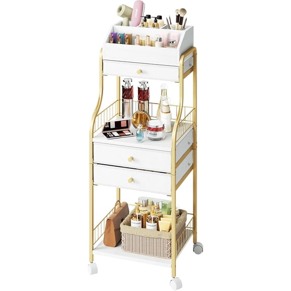 Rolling Makeup Organizer Cart - Floor Skincare Storage with Non-woven Drawers, Vanity Organizer Cosmetic Display Cases with Wheels, Cabinet for Skin Care Perfume Nail Polish Brush Hair Tool