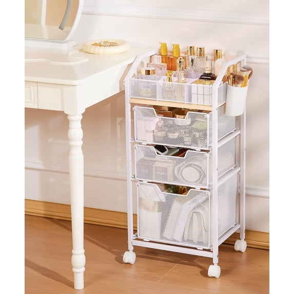 Rolling Makeup Organizer with Drawers: Skincare Storage Cart with Wheels for Home Bedroom Vanity - Cosmetic Display Holder for Beauty Enthusiasts Makeup Artists