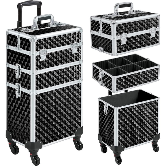 Rolling Makeup Train Case 3 in 1 Cosmetic Case Large Capacity Organizer with Swivel Wheels Key Cosmetic Trolley for Nail Tech Makeup - Black