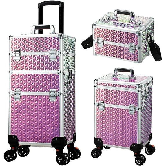 Rolling Makeup Train Case, 3-in-1 Makeup Trolley, Cosmetology Case on Wheels, Travel Makeup Organizer Case for Salon Barber Cosmetology Students, Nail Technicians, Hairstylists, and MUAs, Shiny Pink