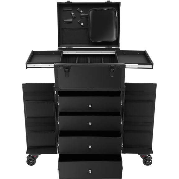 Rolling Makeup Train Case with 4 Drawers&6 Wheels, Foldable Makeup Nail Desk with Safety Lock&Movable Partition, Lockable Manicure Case for Technician Workstation Salon