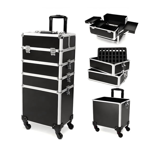 Rolling Makeup Train Case 4 In 1 Large Storage Trolley Cosmetic Travel Case for Artists Stylists Nail Techs (Black)
