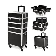 Rolling Makeup Train Case 4 In 1 Large Storage Trolley Cosmetic Travel Case for Artists Stylists Nail Techs Black