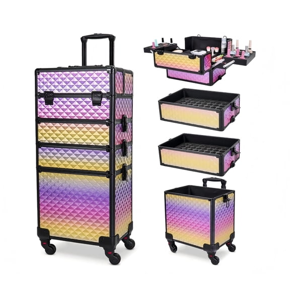 Rolling Makeup Train Case 4 In 1 Large Storage Trolley Cosmetic Travel Case for Artists Stylists Nail Techs (Gradient Purple)