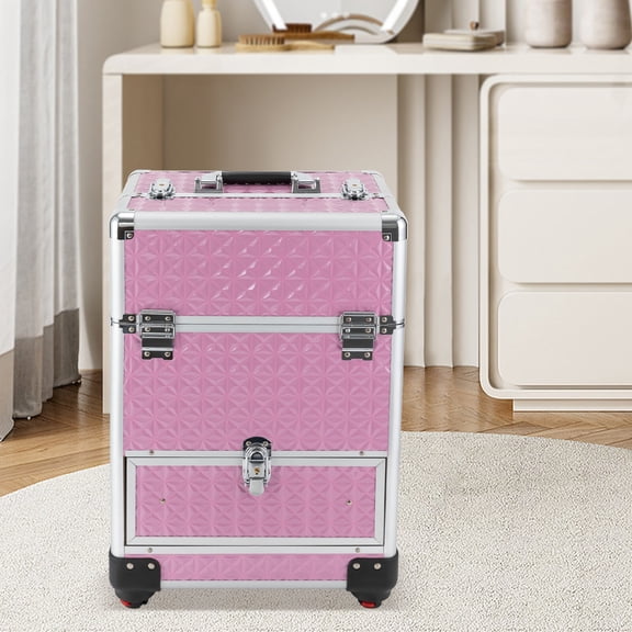 Rolling Makeup Train Case, 7 Compartments & 1 Drawer Nail Polish Storage Organizer, Portable Professional Cosmetic Trolley Trunk, Pink