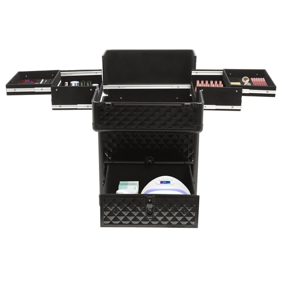 Rolling Makeup Train Case, Aluminum Alloy Professional Makeup Trolley with 4 Wheels for Hair Stylists (Black)