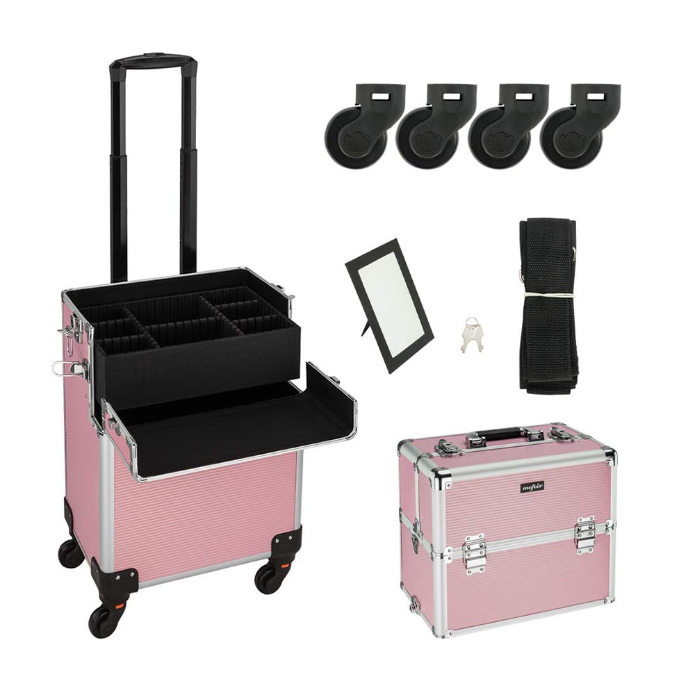 Rolling Makeup Train Case, Cosmetic Case with Sliding Drawer and Handle