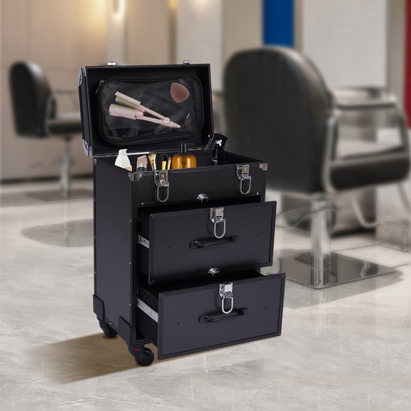 Rolling Makeup Train Case Cosmetic Storage Case Organizer Trolley Lock Black