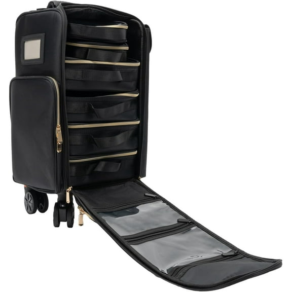 Rolling Makeup Train Case,Cosmetic Storage Organizer Pro Adjustable Travel Trolley with Compartments, Professional Makeup Case for Beauty Parlors and Salons