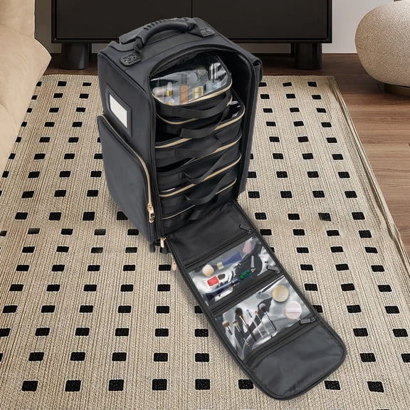 Rolling Makeup Train Case, Cosmetic Storage Organizer, Trolley for Makeup Artist Nail Technician Hairstylist, Professional Makeup Case (11.42*9.45*18.5in)