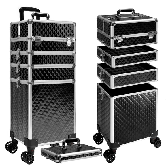 Rolling Makeup Train Case, Cosmetic Trolley Luggage Box, Salon Beauty Barber Tool Storage Organizer, Multi Layer Detachable Caster Wheel Holder, Classic Style, Solid Black, 1 Pack