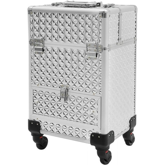 Rolling Makeup Train Case Cosmetic Trolley Makeup Storage Organizer Large Capacity Trolley Case Makeup Lockable Salon Barber Travel Case with Wheels (Silver)