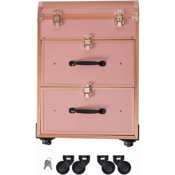 Rolling Makeup Train Case with Drawers & 40 small Compartments, Large Cosmetic Trolley with Locks & Wheels, Nail Polish Organizer Case for Travel Makeup/Nail Art/Hair Styling (Rose Gold)