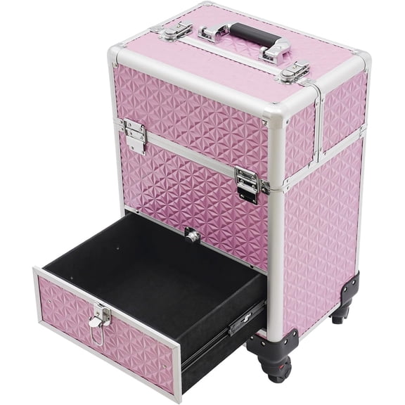 Rolling Makeup Train Case, Durable Large Capacity Makeup Trolley Organizer w/Wheels, Professional Manicure Storage Case Rolling Nail Case W/lock (Pink)