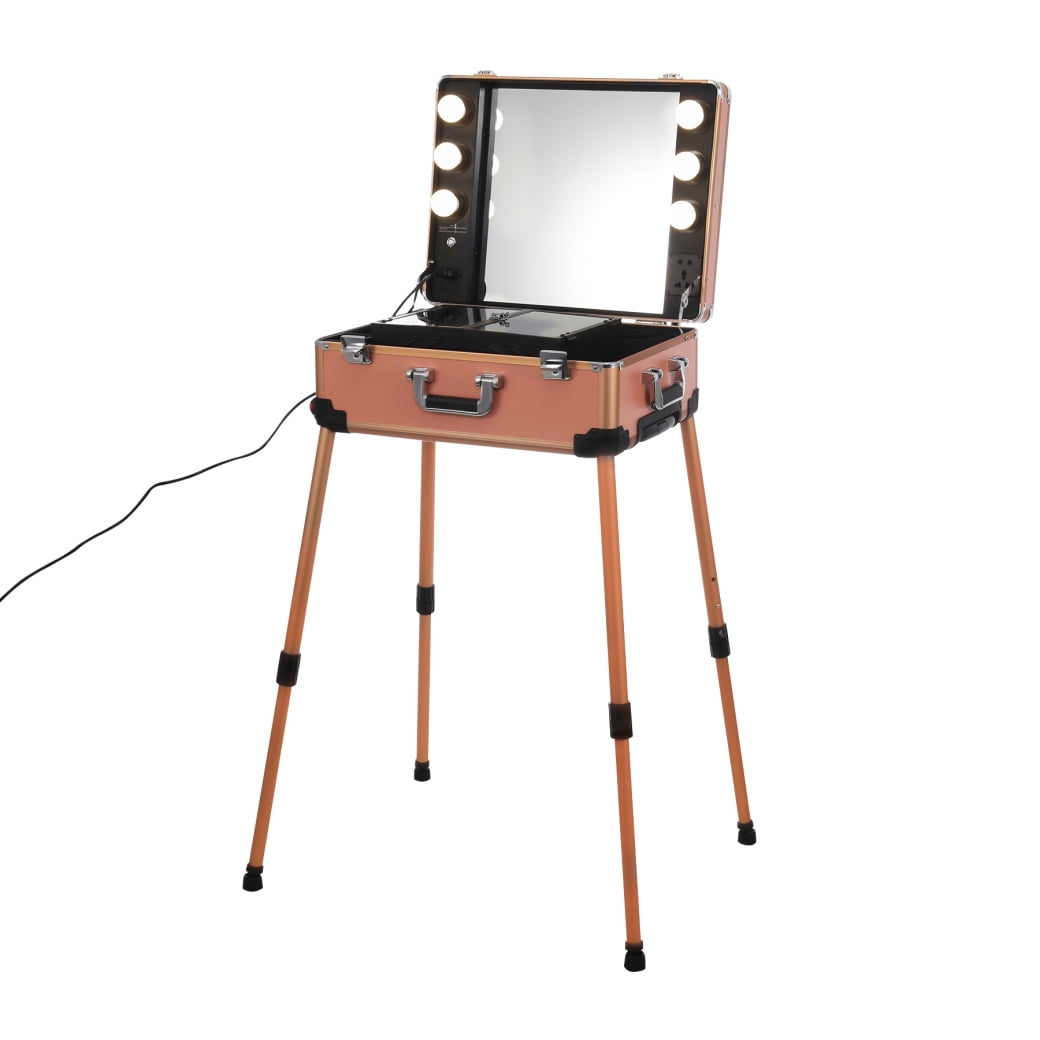 Rolling Makeup Train Case, Foldable Makeup Travel Case with 6 LED