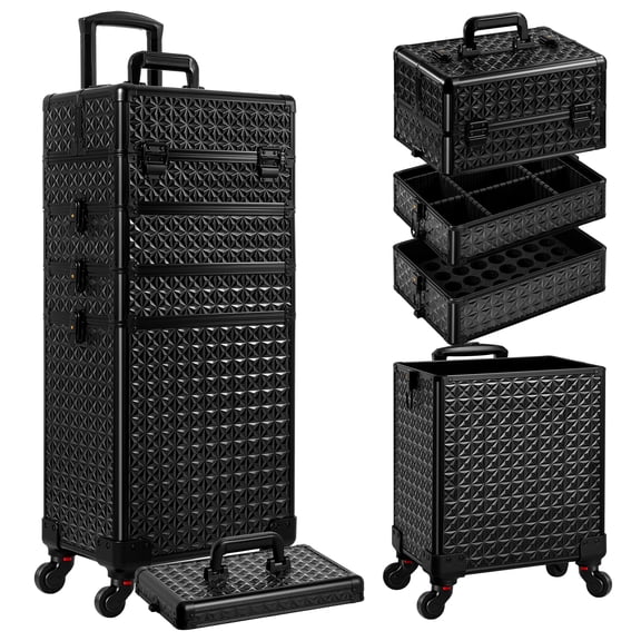 Rolling Makeup Train Case, Large Cosmetology Storage Cart With Detachable Drawers, Travel Salon Nail Beauty Organizer Trolley On Wheels, Mobile Hairstylist Display Trunk, Classic Black, Set Of One