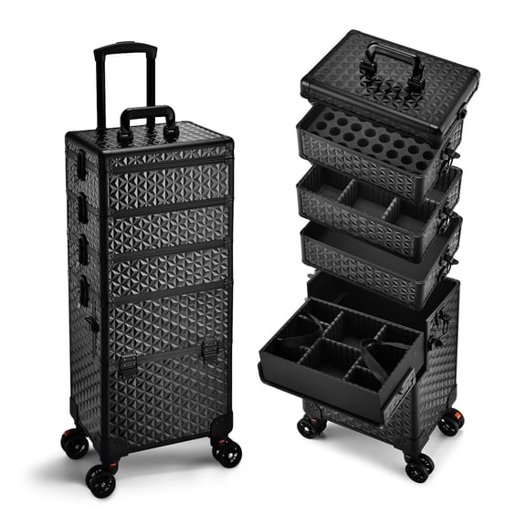 Rolling Makeup Train Case, Large Cosmetology Storage Cart With Removable Trays, Travel Salon Nail Beauty Organizer Trolley On Wheels, Mobile Hairstylist Display Box, Classic Black, Set Of One