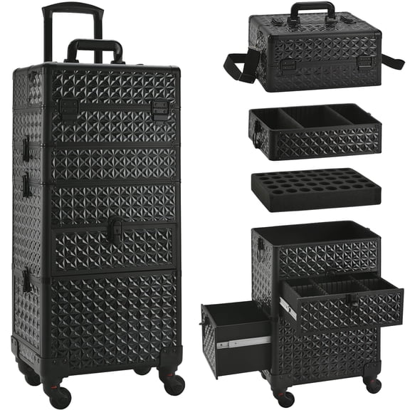 Rolling Makeup Train Case, Large Cosmetology Trolley Box With Drawers, Travel Salon Nail Storage Organizer On Wheels, Professional Portable Beauty Display Station, Modern Black