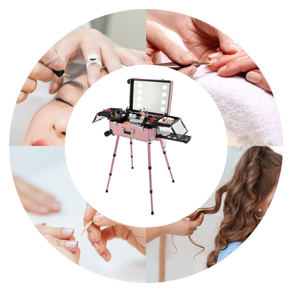 Rolling Makeup Train Case with Lighted Mirror, Large Make up Cosmetic Orgainzer Box Travel Case with Bluetooth, Professional Protable Aluminum Alloy Trolley Salon Station - Pink