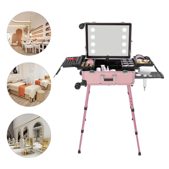 Rolling Makeup Train Case with Lighted Mirror, Large Make up Cosmetic Organizer Box Travel Case with Bluetooth for Makeup Contests, Wedding Makeup Scenarios