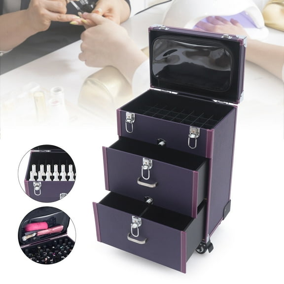 Rolling Makeup Train Case, Makeup Trolley Case, Nail Polish Organizer with 4 Wheels for Wedding Make-up Artists