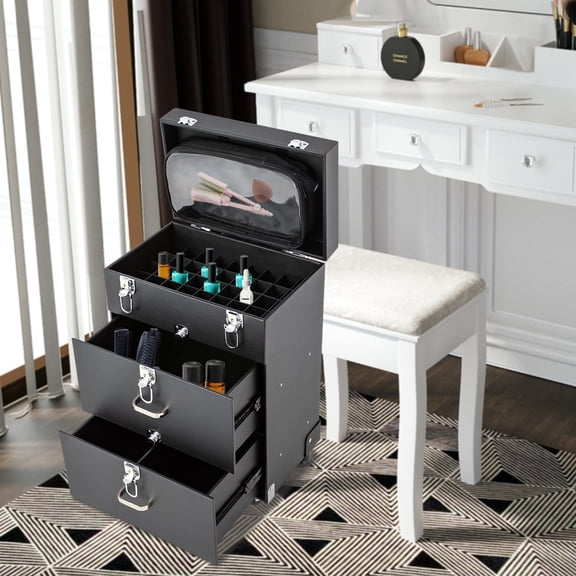 Rolling Makeup Train Case Pro Large Makeup Trolley Case Travel Cosmetic w/ 4 Wheel Nail Polish Organizer Storage