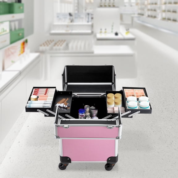 Rolling Makeup Train Case, Professional Large Cosmetic Trolley with Four Sliding Trays & Universal Wheels Organized Aluminum Beauty Barber Travel Cases for Make-up Artists, Hairdressers (Pink)