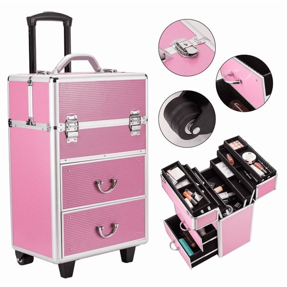 Rolling Makeup Train Case, Professional Makeup Case with Wheels, Large Cosmetic Organizer, Lockable Makeup Storage with Extendable Trays & Adjustable Telescopic Handle, Pink