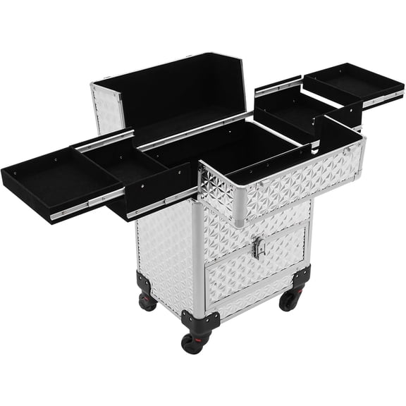 Rolling Makeup Train Case with Storage Sliding Drawer and Removable Divider, Lockable Cosmetic Travel Trolley Case with Wheels Salon Barber Travel Cart Trunk for Nail Tech Hairstylist (Silver)