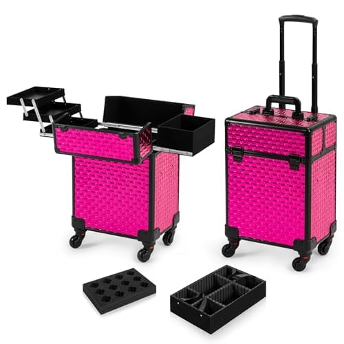 Rolling Makeup Train Case Trolley Storage Organizer On Wheels, Cosmetic Travel Cart Salon Barber Trunk With Sliding Trays And Removable Compartments, Modern Chic Style, Rose Red, 1 Piece