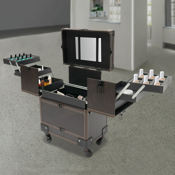 Rolling Makeup Train Case for Artist Salon Trolley Cosmetic Organizer Box with Mirror