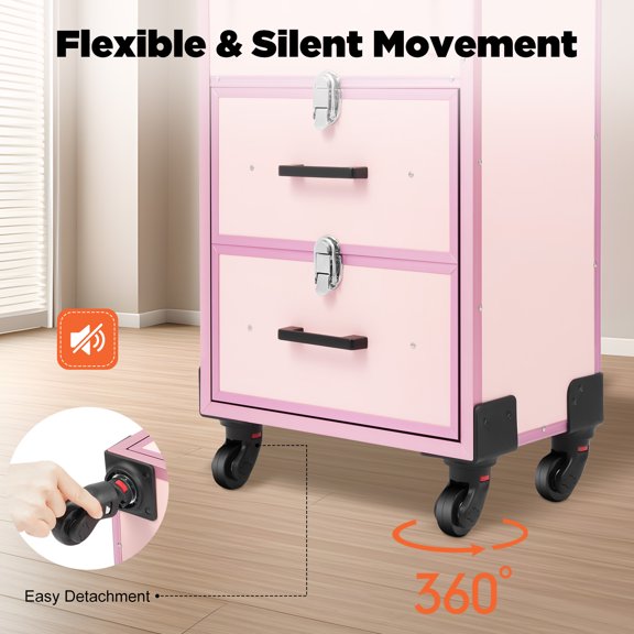 Rolling Makeup Train Case with 50 Small Compartments 110 lbs Capacity Pink Cosmetic Trolley with Telescopic Handle