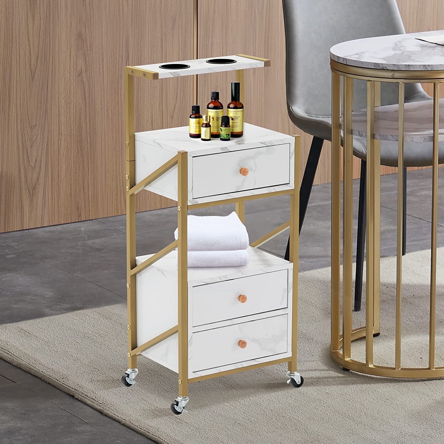 White and Gold Marble Salon Trolley Cart with Drawers