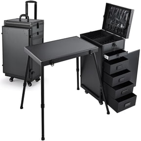 Rolling Manicure Table, Foldable Nail Desk Workstation, Mobile Makeup Case Organizer Cart With Five Drawers And Wheels For Beauty Salon And Cosmetology Studio, Modern Professional Style, Black, 1 Pie